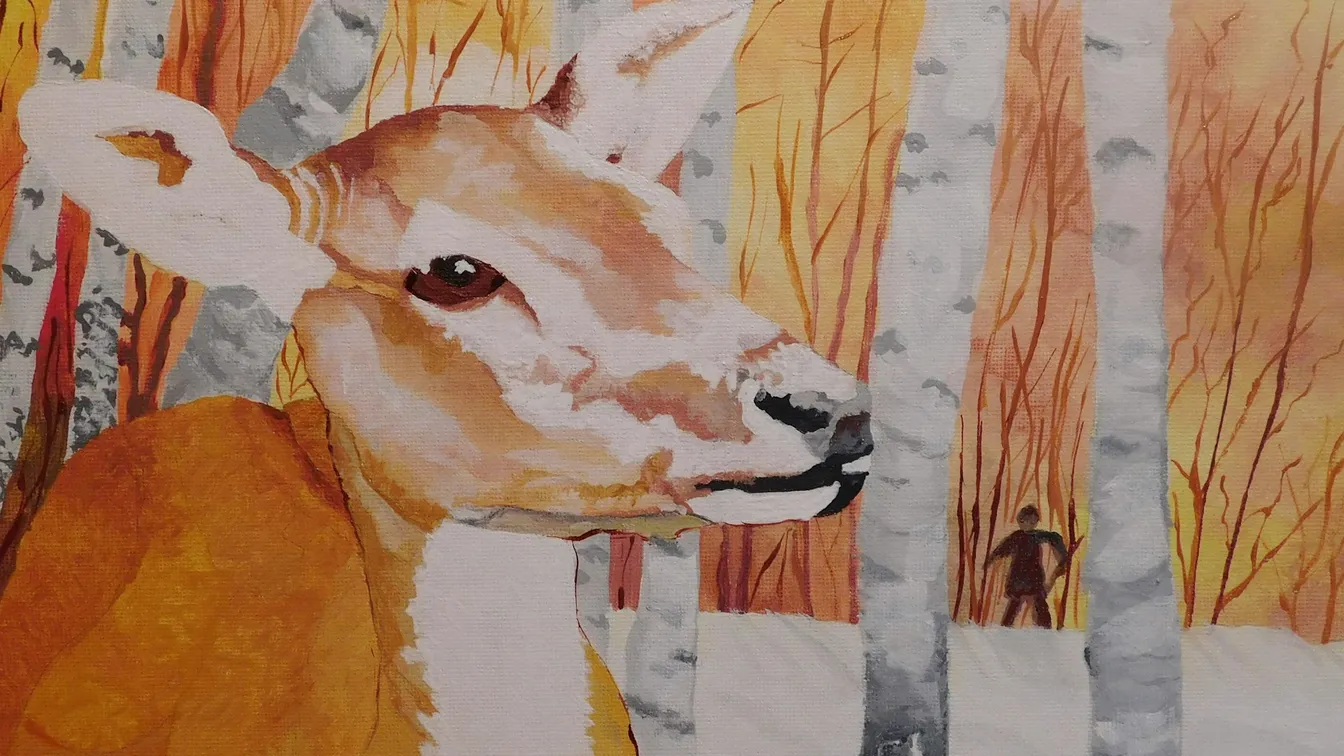 a watercolor painting of a deer in the woods
